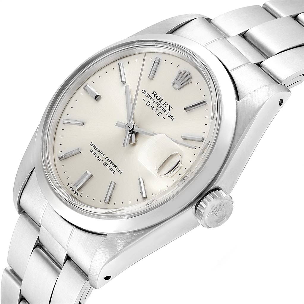 The image shows a Rolex Vintage Collection 1500 Men's Stainless Steel Silver Dial 1500 Men's Stainless Steel Silver Dial model from an angled perspective, highlighting the face, crown, and bracelet.