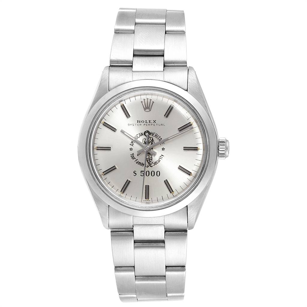 The image shows a front view of the Rolex Vintage Collection 1002 Men's Stainless Steel Silver Dial 1002 Men's Stainless Steel Silver Dial watch, showcasing its dial, bezel, and bracelet.