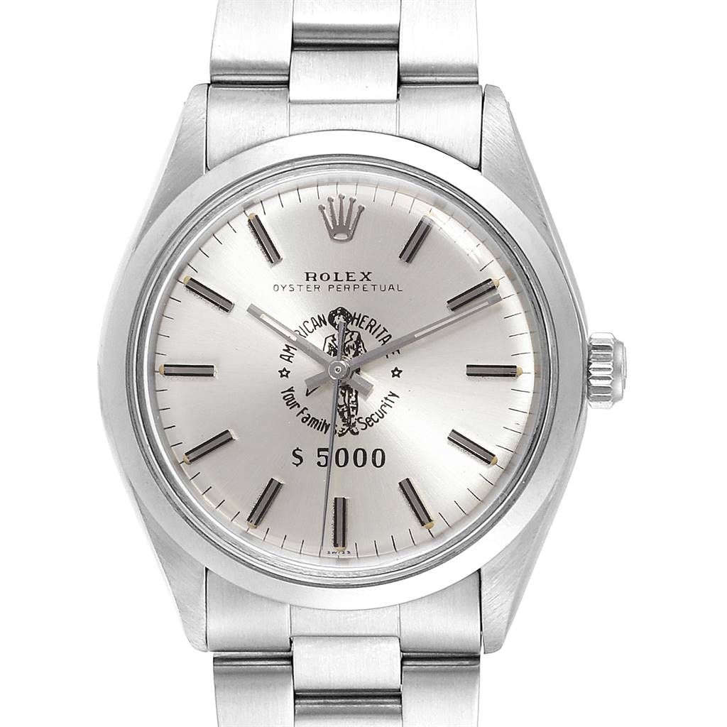 This image shows a frontal close-up view of the Rolex Vintage Collection 1002 Men's Stainless Steel Silver Dial 1002 Men's Stainless Steel Silver Dial watch, highlighting its face, hour markers, and metal bracelet.