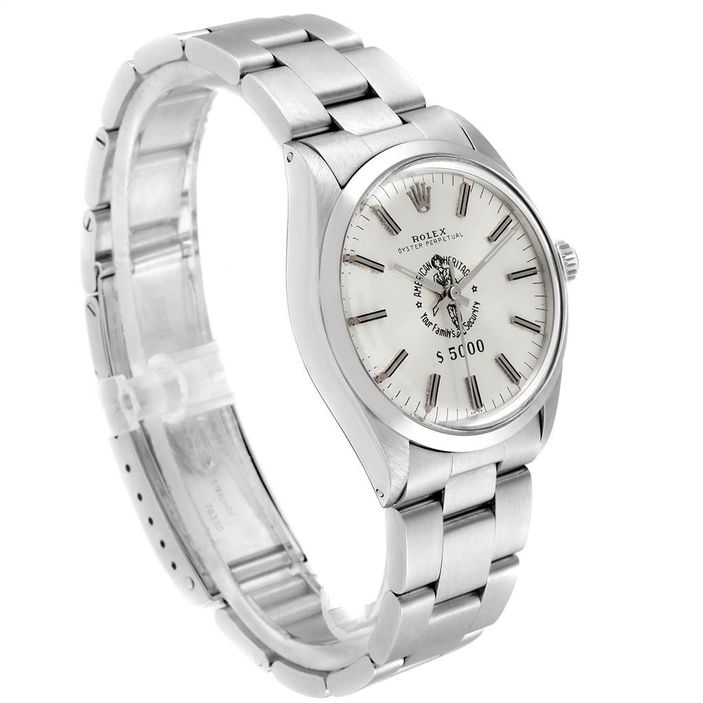 The Rolex Vintage Collection 1002 Men's Stainless Steel Silver Dial 1002 Men's Stainless Steel Silver Dial watch is shown angled slightly from the left, highlighting the bracelet, case, and dial.