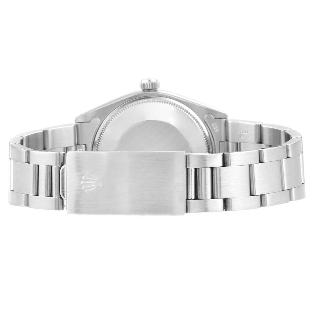 The image shows the back view of a Rolex Vintage Collection 1002 Men's Stainless Steel Silver Dial 1002 Men's Stainless Steel Silver Dial watch, highlighting its clasp and bracelet.