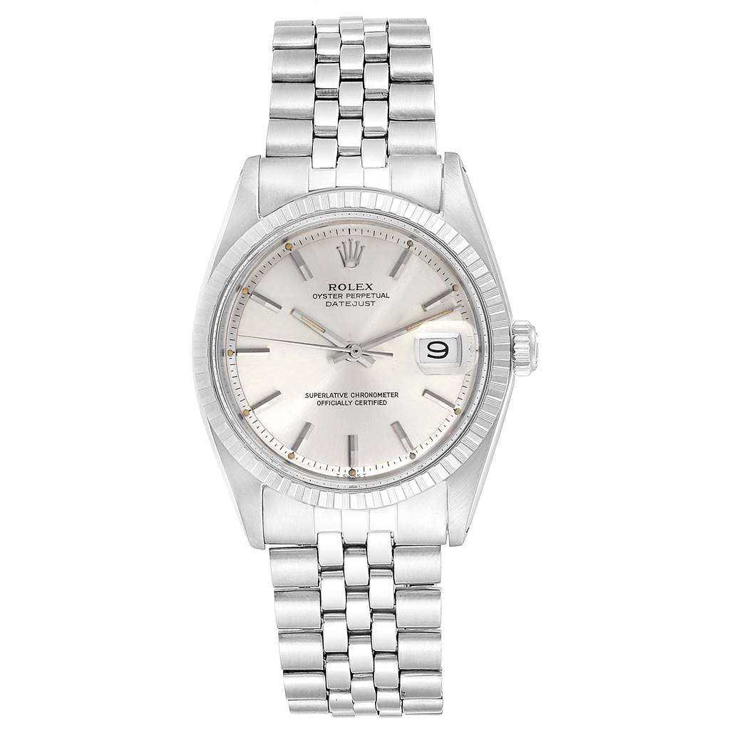 The image shows a Vintage Collection Rolex Oyster Perpetual Datejust watch from a front angle, featuring the dial, bezel, and metal bracelet.