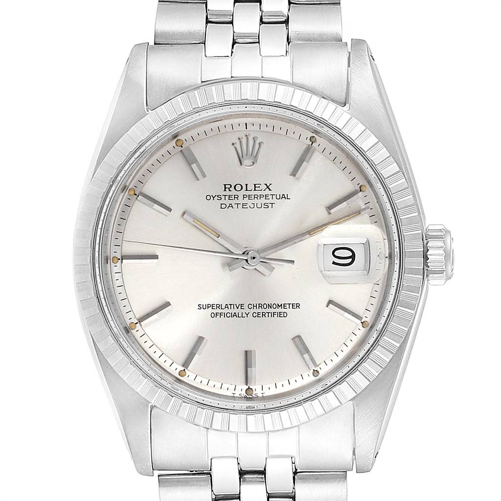 This image shows a frontal view of the Rolex Vintage Collection 1603 Men's Stainless Steel Silver Dial 1603 Men's Stainless Steel Silver Dial Oyster Perpetual Datejust watch, highlighting its dial, bezel, crown, and bracelet.