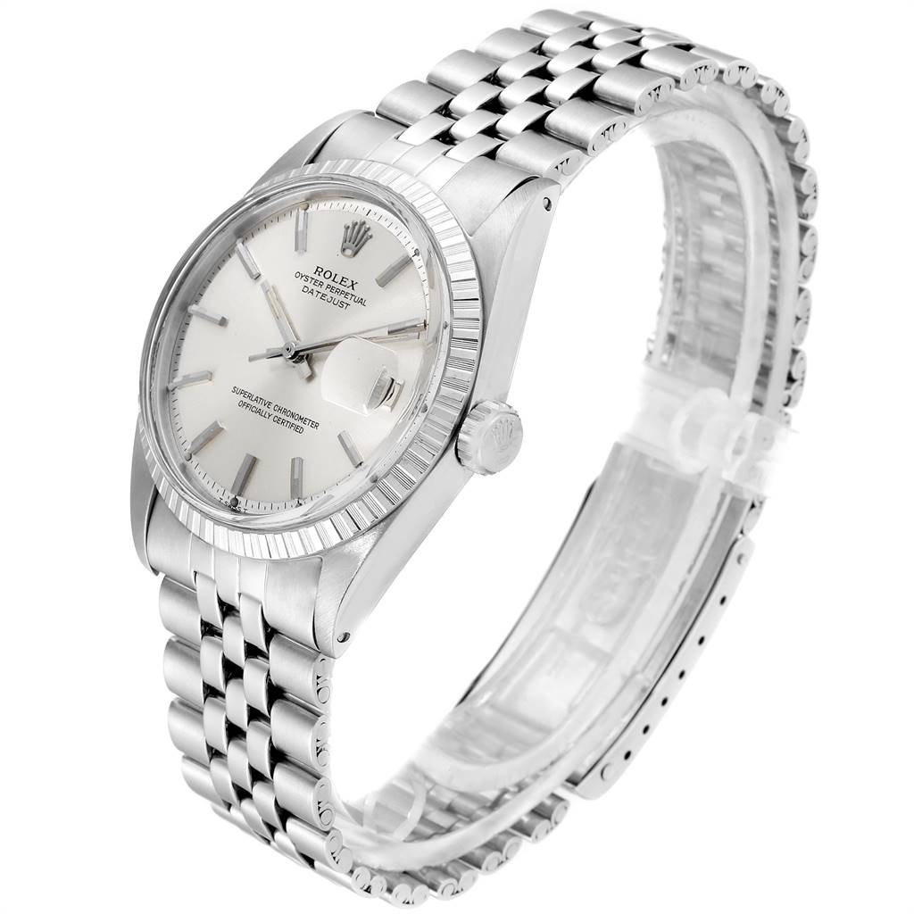 The Rolex Vintage Collection 1603 Men's Stainless Steel Silver Dial 1603 Men's Stainless Steel Silver Dial watch is shown from a front-side angle, displaying its face, bezel, crown, and bracelet.