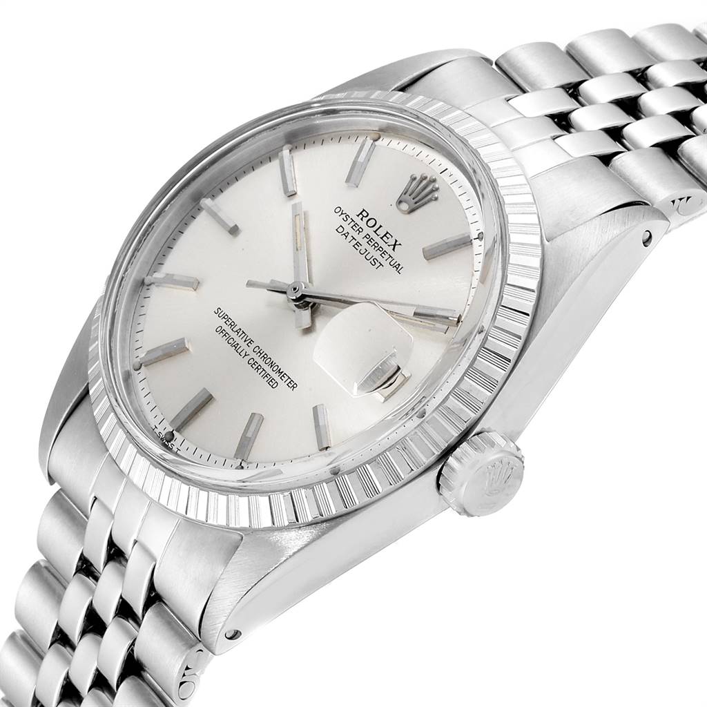 This image shows a side profile view of the Rolex Vintage Collection 1603 Men's Stainless Steel Silver Dial 1603 Men's Stainless Steel Silver Dial model watch, highlighting the dial, date window, bezel, and bracelet.