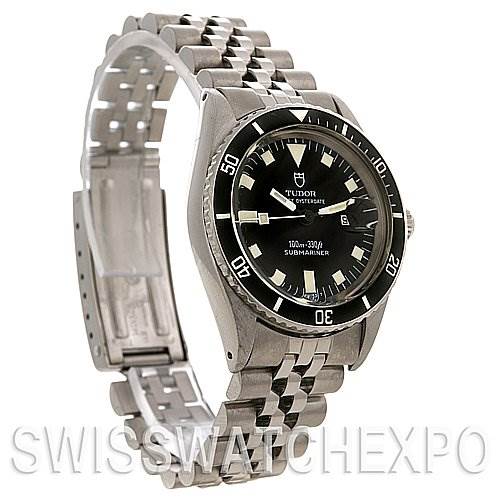 The Tudor Submariner 90910 Men's Stainless Steel Black Dial 90910 Men's Stainless Steel Black Dial watch is shown at an angle displaying the dial, bezel, crown, and stainless steel bracelet.