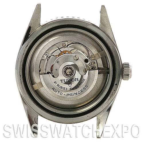 This image shows a Tudor Submariner 90910 Men's Stainless Steel Black Dial 90910 Men's Stainless Steel Black Dial watch viewed from the back, displaying its exposed mechanical movement components.