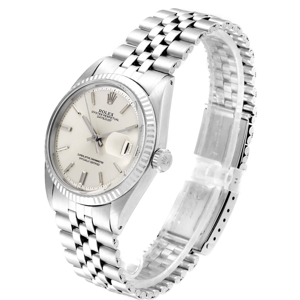 The image shows a Rolex Vintage Collection 1601 Men's Stainless Steel Silver Dial 1601 Men's Stainless Steel Silver Dial watch at an angled side view, highlighting the face, crown, and bracelet.