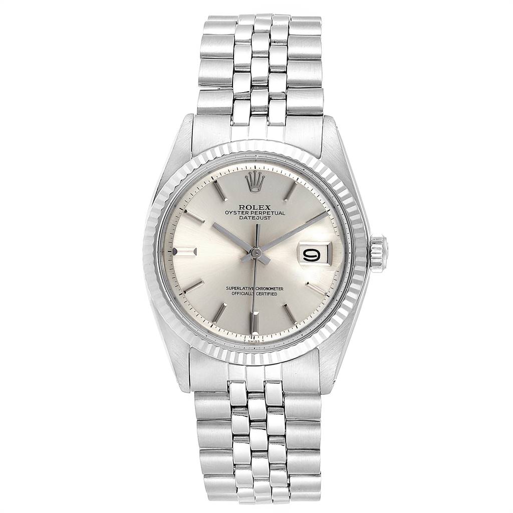The image shows a front view of a Rolex Vintage Collection 1601 Men's Stainless Steel Silver Dial 1601 Men's Stainless Steel Silver Dial Oyster Perpetual Datejust watch, displaying the face, bezel, and bracelet.
