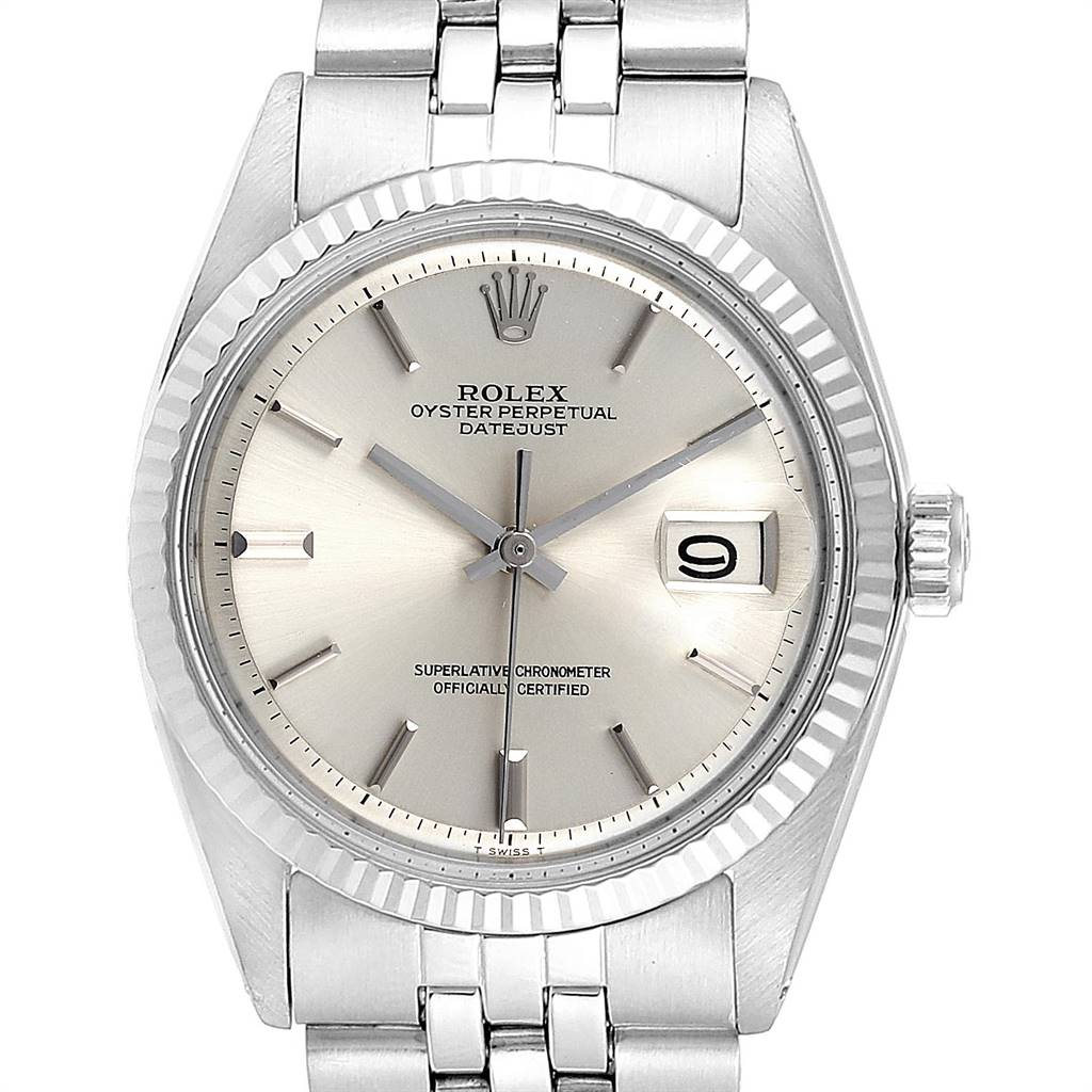 This image shows a front view of a Rolex Vintage Collection 1601 Men's Stainless Steel Silver Dial 1601 Men's Stainless Steel Silver Dial Oyster Perpetual Datejust watch, highlighting the dial, bezel, and bracelet.