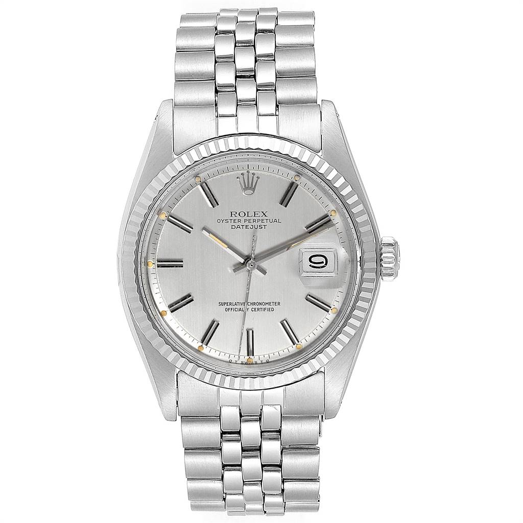 This is a front view of a Rolex Vintage Collection 1601 Men
s Stainless Steel Silver Dial 1601 Men
s Stainless Steel Silver Dial model, showcasing its face, bezel, and bracelet.