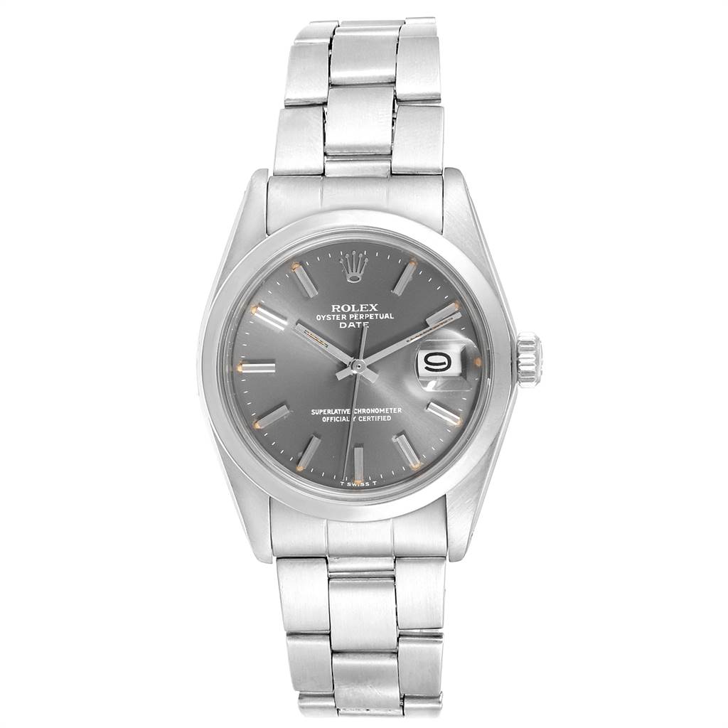 The Rolex Vintage Collection 1500 Men's Stainless Steel Grey Dial 1500 Men's Stainless Steel Grey Dial watch is shown from a front angle, displaying its face, bezel, and metal bracelet.