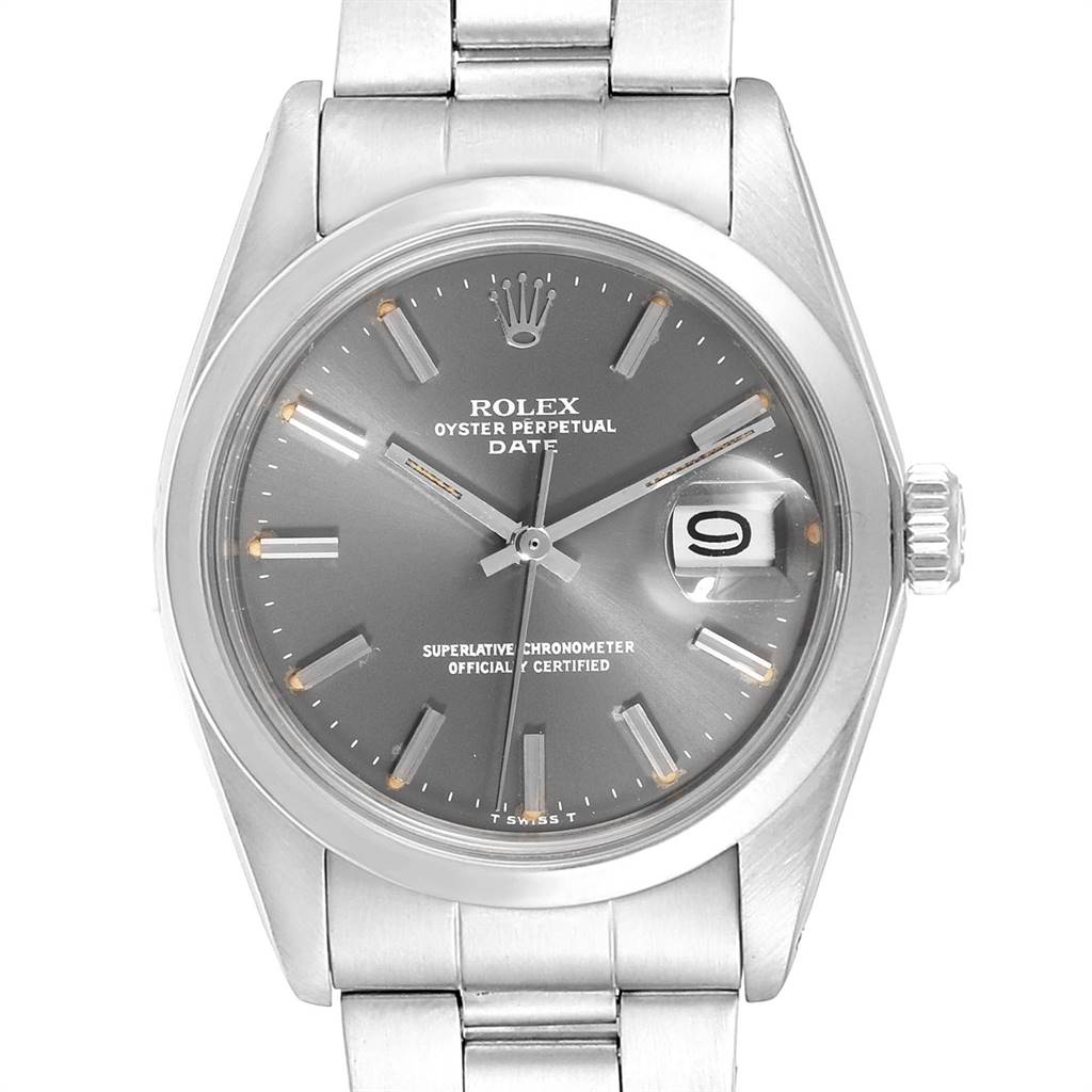 This image shows a front view of the Vintage Collection Rolex Oyster Perpetual Date watch, highlighting the dial, hands, and stainless steel bracelet.