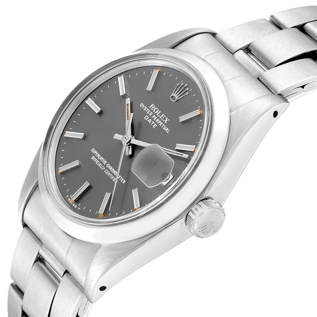 The Rolex Vintage Collection 1500 Men's Stainless Steel Grey Dial 1500 Men's Stainless Steel Grey Dial model is shown at an angle displaying its dial, crown, and part of the bracelet.