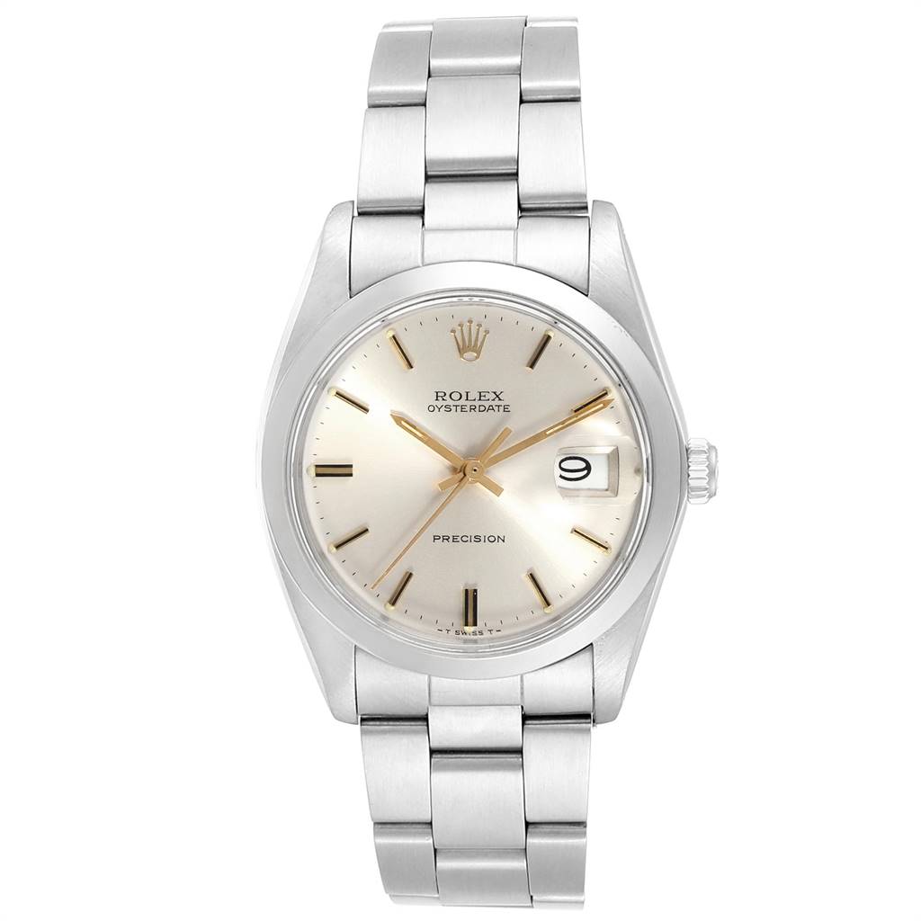 This image shows a front view of the Rolex Vintage Collection 6694 Men's Stainless Steel Silver Dial 6694 Men's Stainless Steel Silver Dial Oysterdate Precision model, including the dial, bracelet, and crown.