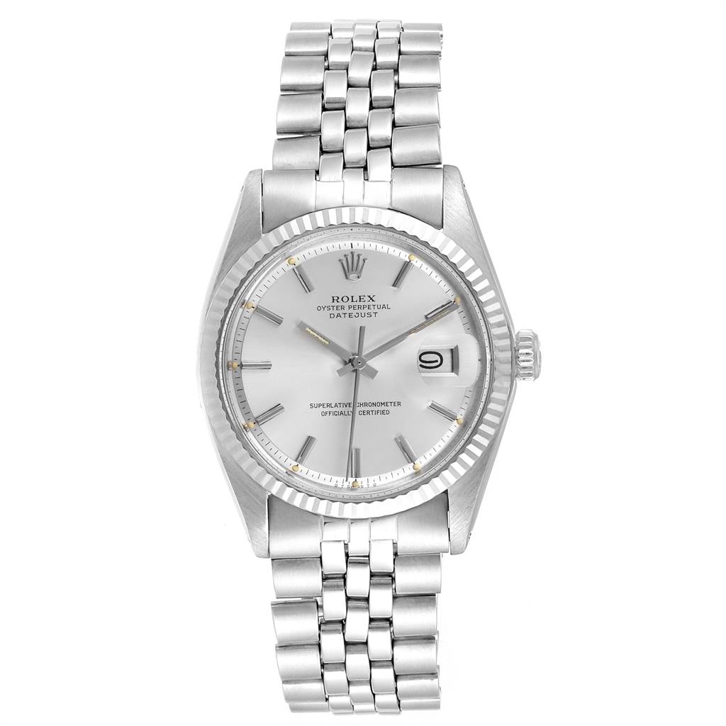 The image shows a frontal view of the Rolex Vintage Collection 1601 Men's Stainless Steel Silver Dial 1601 Men's Stainless Steel Silver Dial Oyster Perpetual Datejust watch, including its dial, bezel, and bracelet.