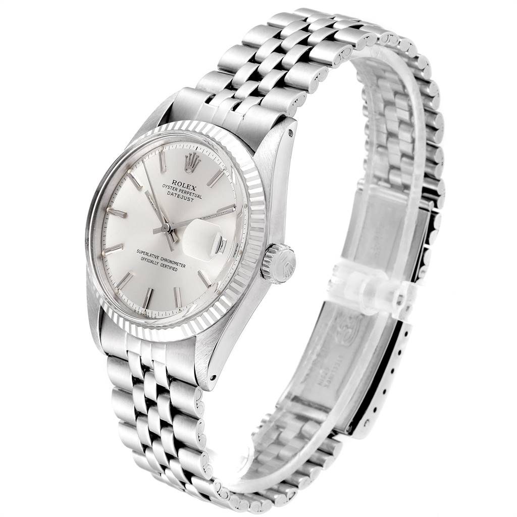 The image shows a side view of the Rolex Vintage Collection 1601 Men's Stainless Steel Silver Dial 1601 Men's Stainless Steel Silver Dial watch, highlighting its face, bezel, and bracelet.