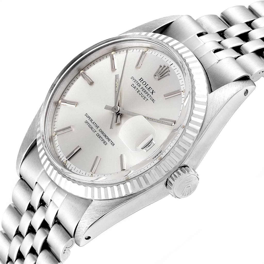 This image showcases a Rolex Vintage Collection 1601 Men's Stainless Steel Silver Dial 1601 Men's Stainless Steel Silver Dial watch from an angled side view, highlighting its face, bezel, crown, and bracelet.