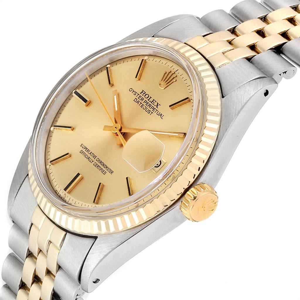 This image shows the Rolex Vintage Collection 1601 Men's Steel and Gold (two tone) Champagne Dial 1601 Men's Steel and Gold (two tone) Champagne Dial watch at a three-quarter angle, highlighting the dial, bezel, case, and bracelet.