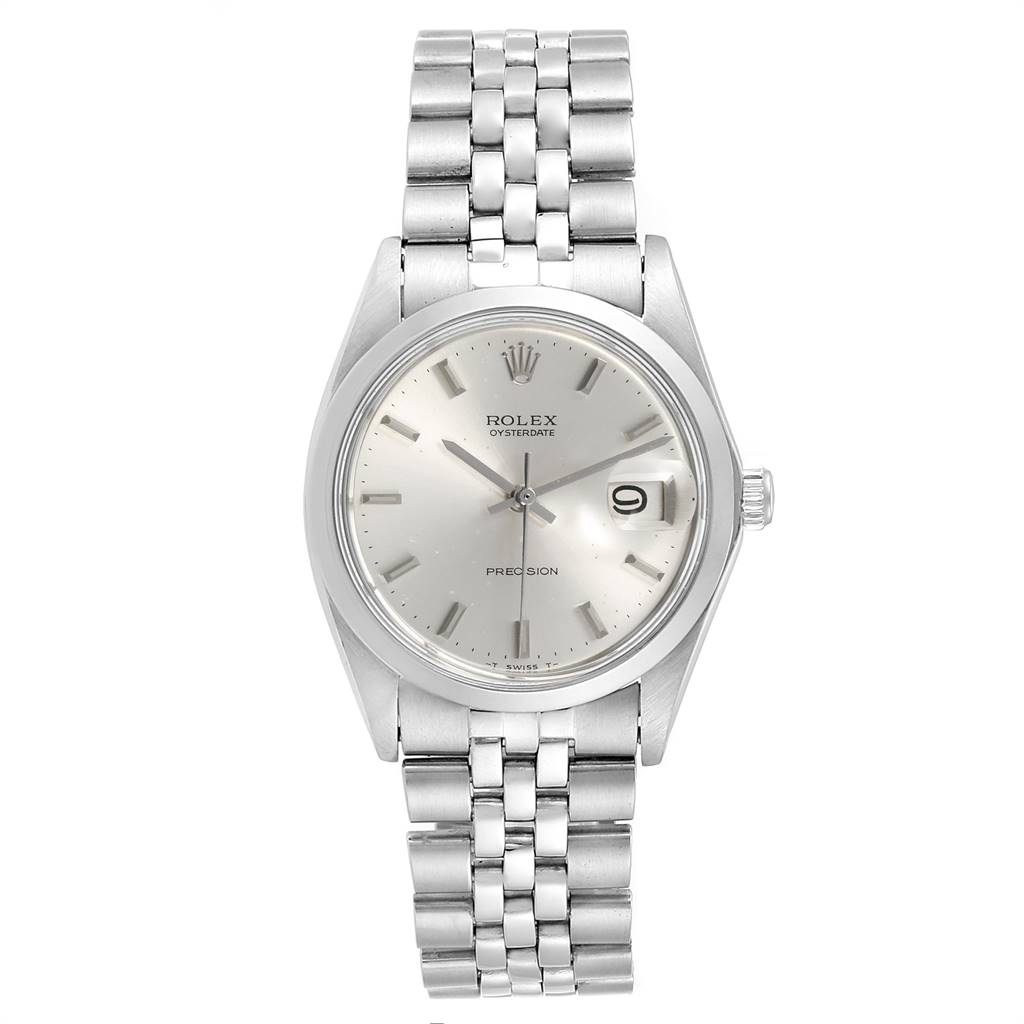 Front view of the Rolex Vintage Collection 6694 Men
s Stainless Steel Silver Dial 6694 Men
s Stainless Steel Silver Dial model, showcasing the dial, crown, hour markers, and stainless steel bracelet.
