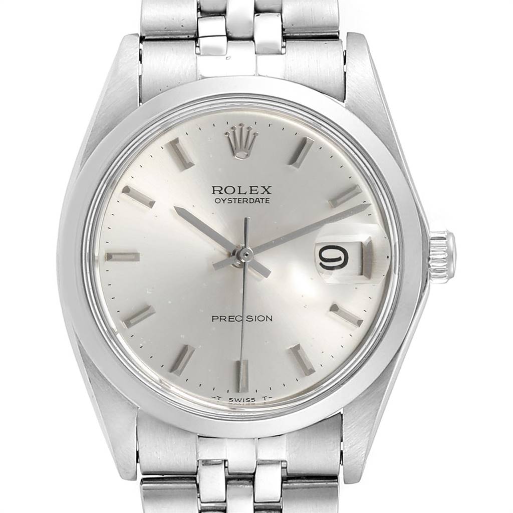 The image shows a front view of the Rolex Vintage Collection 6694 Men
s Stainless Steel Silver Dial 6694 Men
s Stainless Steel Silver Dial Oysterdate Precision watch, highlighting its dial, date window, and bracelet.