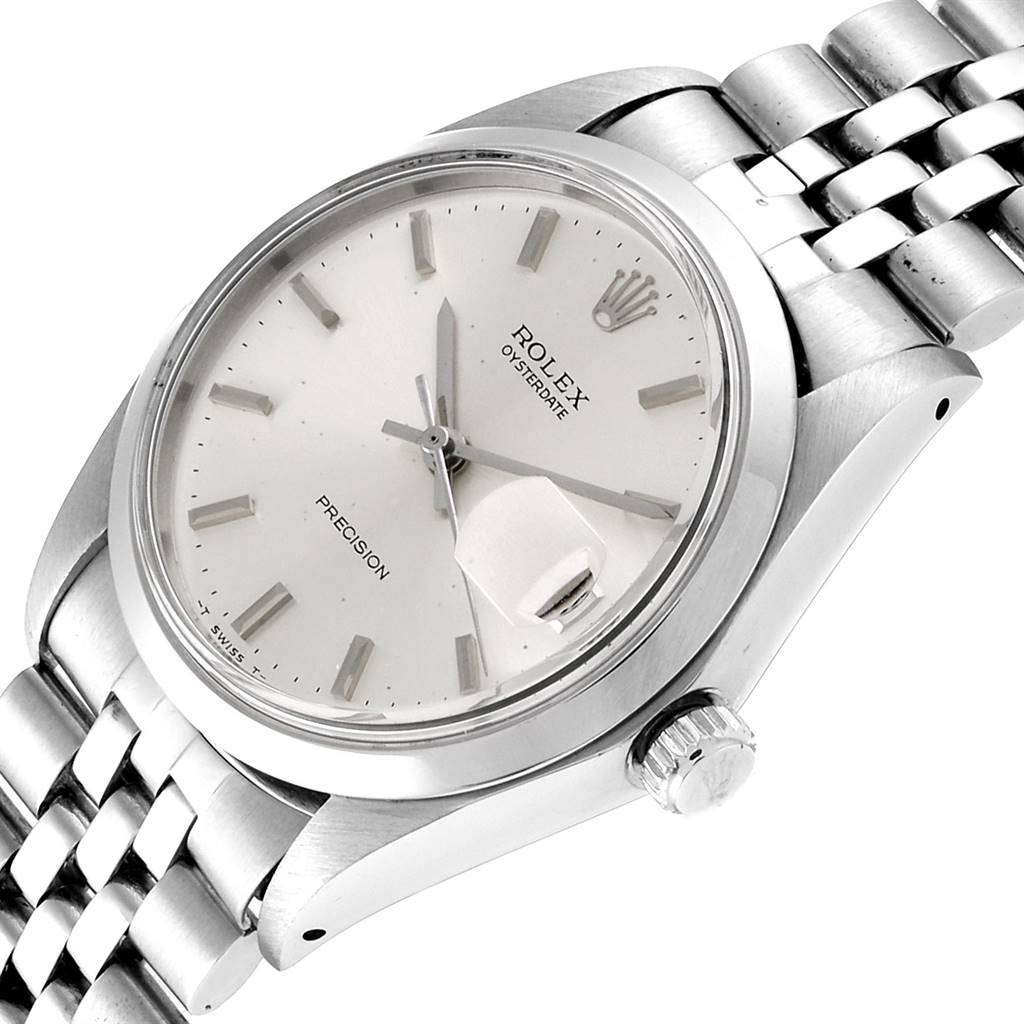 This image shows a Rolex Vintage Collection 6694 Men
s Stainless Steel Silver Dial 6694 Men
s Stainless Steel Silver Dial Precision watch at an angled view, highlighting the dial, bezel, crown, and bracelet.