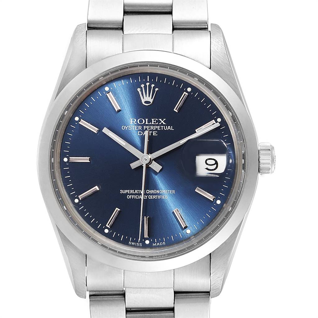 This image shows a Rolex Vintage Collection 15000 Men's Stainless Steel Blue Dial 15000 Men's Stainless Steel Blue Dial Oyster Perpetual Date watch, angled directly from the front, displaying the face, bezel, and bracelet.