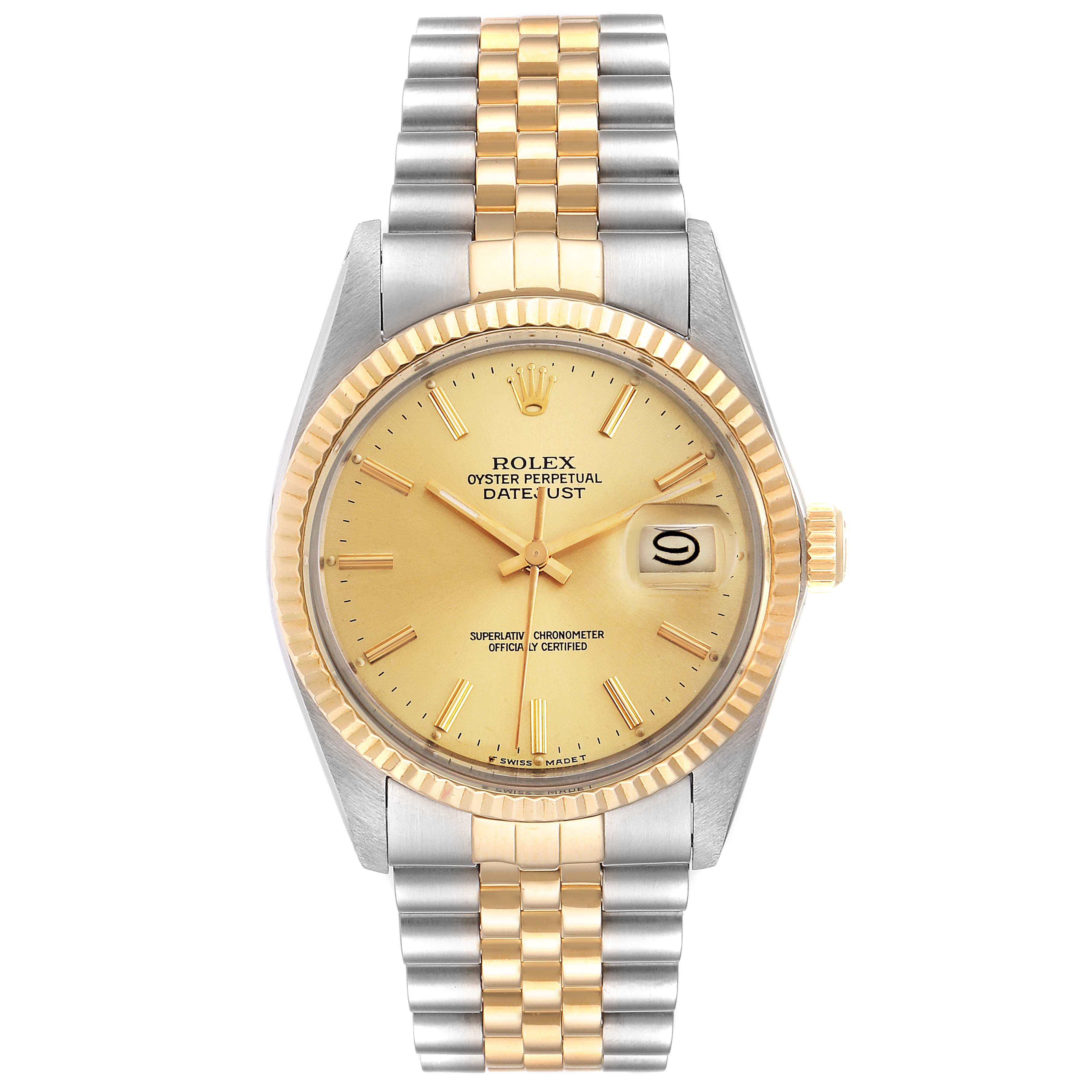 The image shows a front view of a Rolex Oyster Perpetual Datejust from the Vintage Collection, highlighting its face and bracelet.