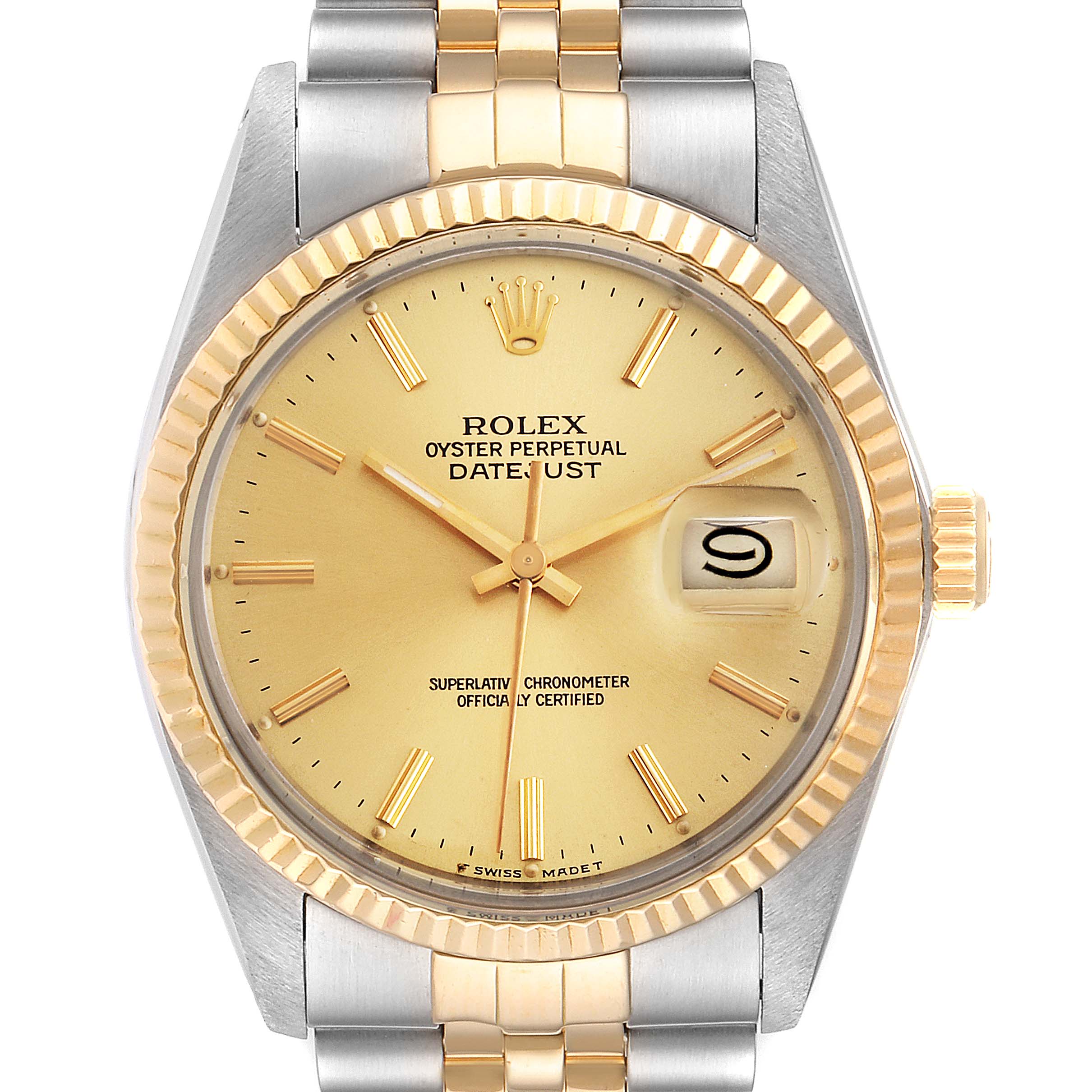 The image shows a front view of the Rolex Vintage Collection 16013 Men's Stainless Steel Champagne Dial 16013 Men's Stainless Steel Champagne Dial Oyster Perpetual Datejust watch.