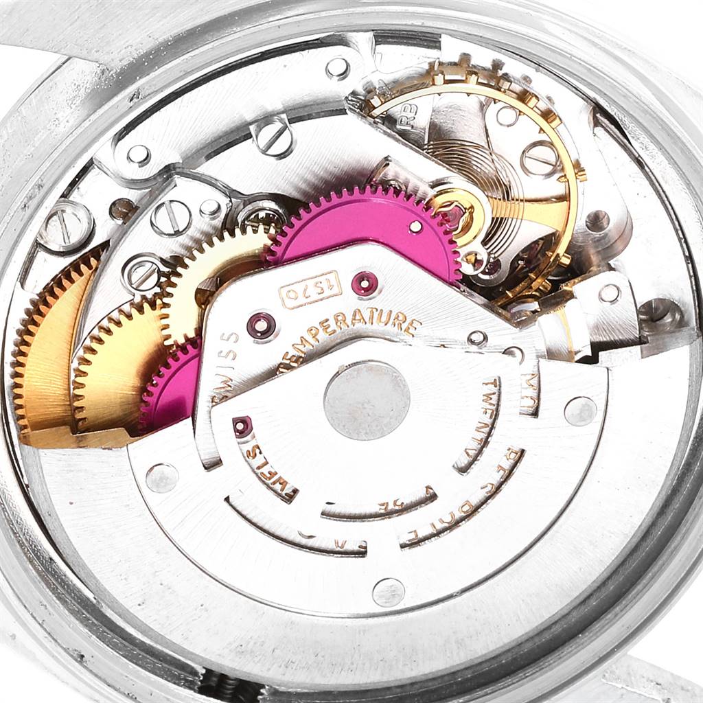 This image shows an overhead view of the internal mechanical movement of a Rolex Vintage Collection 1601 Men's Stainless Steel Silver Dial 1601 Men's Stainless Steel Silver Dial watch.