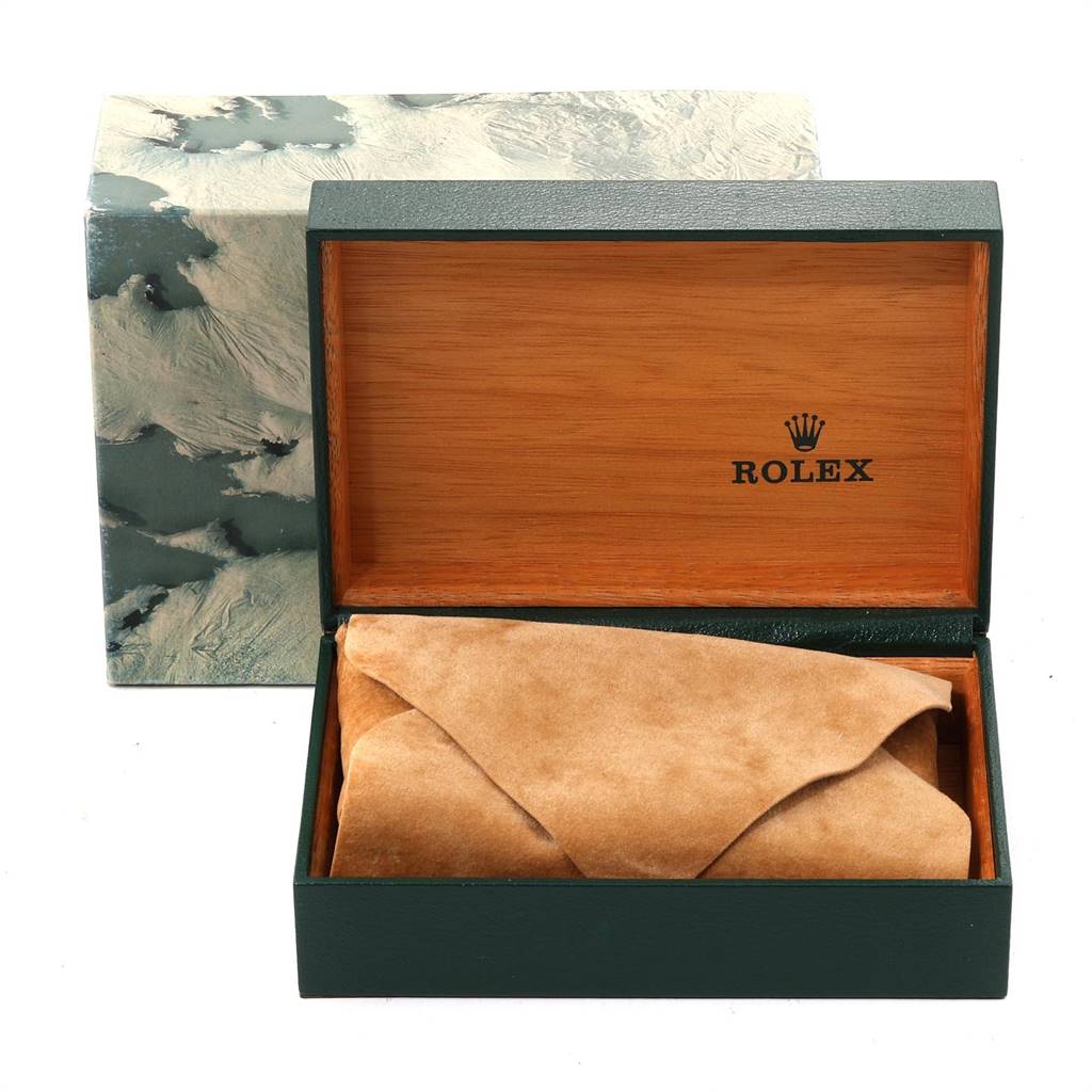 The image shows an open Rolex Vintage Collection 1601 Men's Stainless Steel Silver Dial 1601 Men's Stainless Steel Silver Dial watch box with a suede pouch inside.