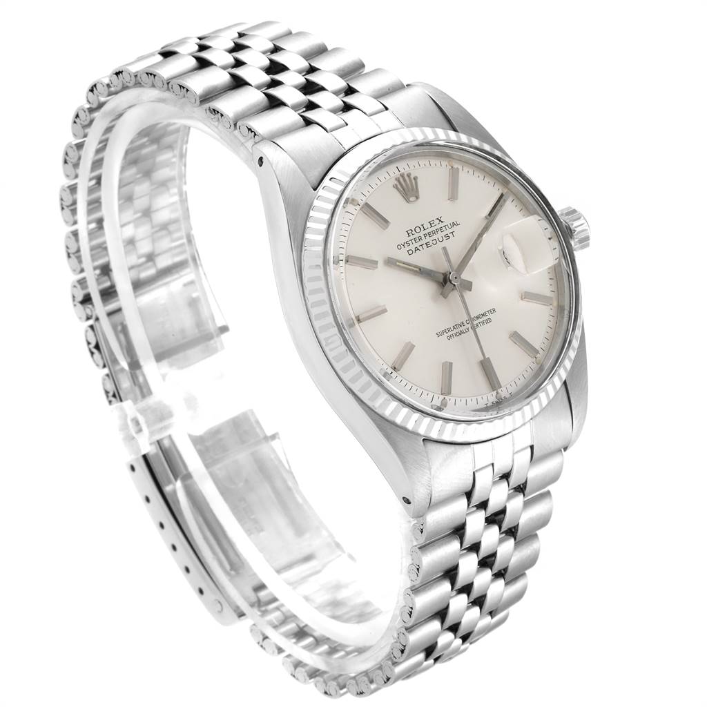 The image shows a side and slight front angle of the Rolex Vintage Collection 1601 Men's Stainless Steel Silver Dial 1601 Men's Stainless Steel Silver Dial Datejust model, showcasing its dial, bezel, and metal bracelet.
