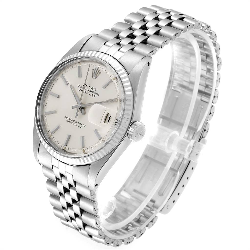 The Rolex Vintage Collection 1601 Men's Stainless Steel Silver Dial 1601 Men's Stainless Steel Silver Dial watch is shown at a three-quarter angle, highlighting its face, bezel, and bracelet.