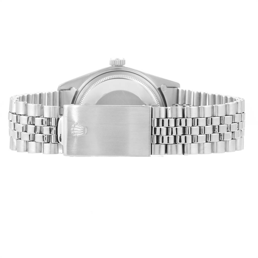 The image shows the back view of a Rolex Vintage Collection 1601 Men's Stainless Steel Silver Dial 1601 Men's Stainless Steel Silver Dial model, highlighting the case back and bracelet clasp.