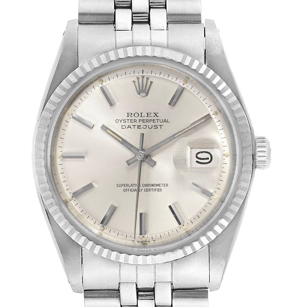 The image shows a frontal view of the Rolex Vintage Collection 1601 Men's Stainless Steel Silver Dial 1601 Men's Stainless Steel Silver Dial Oyster Perpetual Datejust watch, including its face, hands, date window, bezel, and bracelet.
