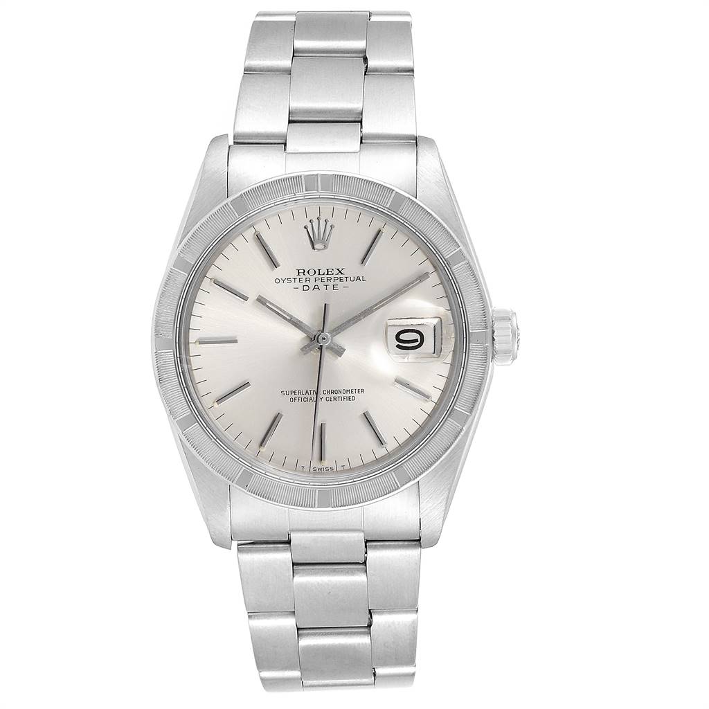 The image shows a front view of the Rolex Vintage Collection 1501 Men's Stainless Steel Silver Dial 1501 Men's Stainless Steel Silver Dial watch, displaying its face, hands, date window, and metal bracelet.