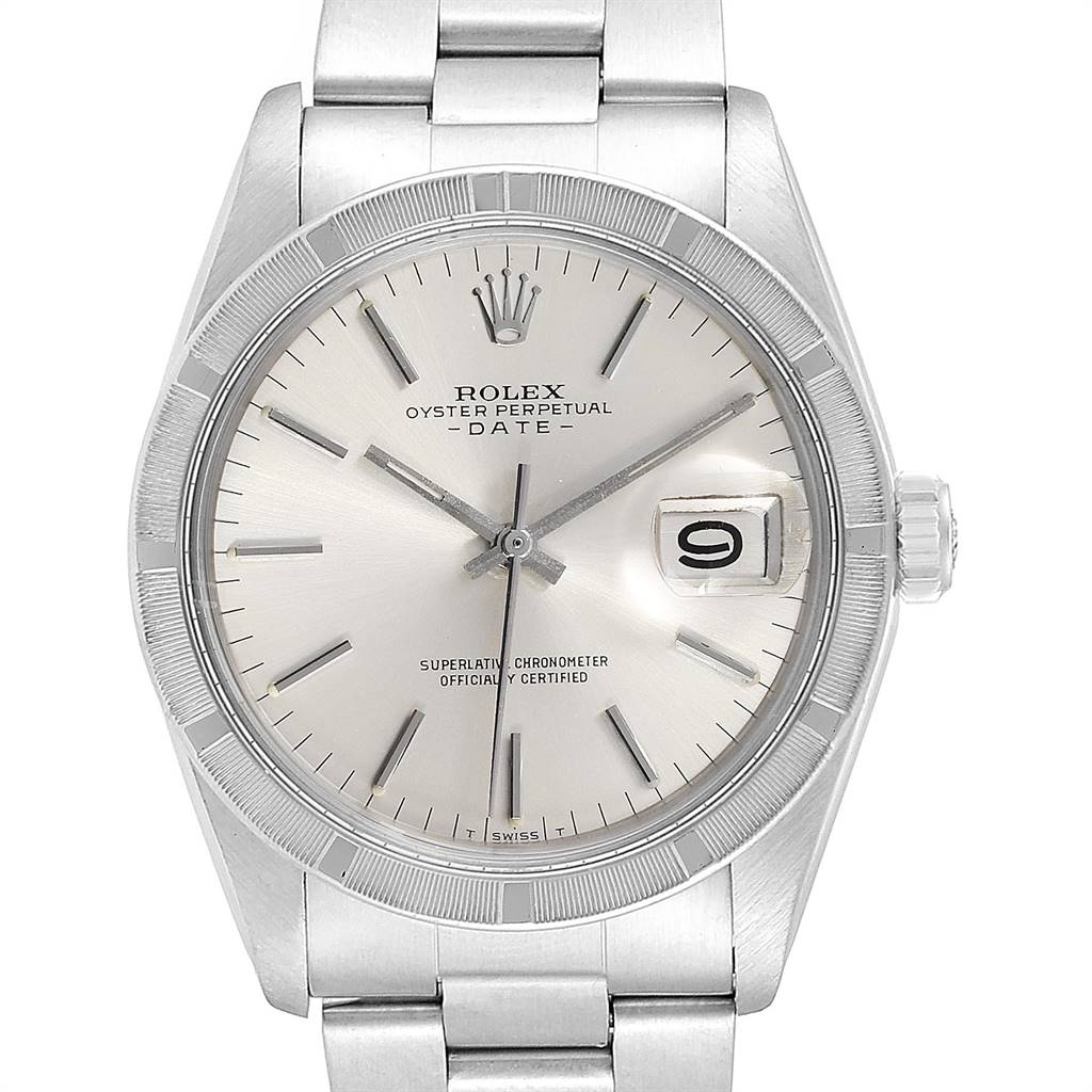 The image shows a front view of a Rolex Vintage Collection 1501 Men's Stainless Steel Silver Dial 1501 Men's Stainless Steel Silver Dial watch, highlighting its face, bezel, and bracelet.
