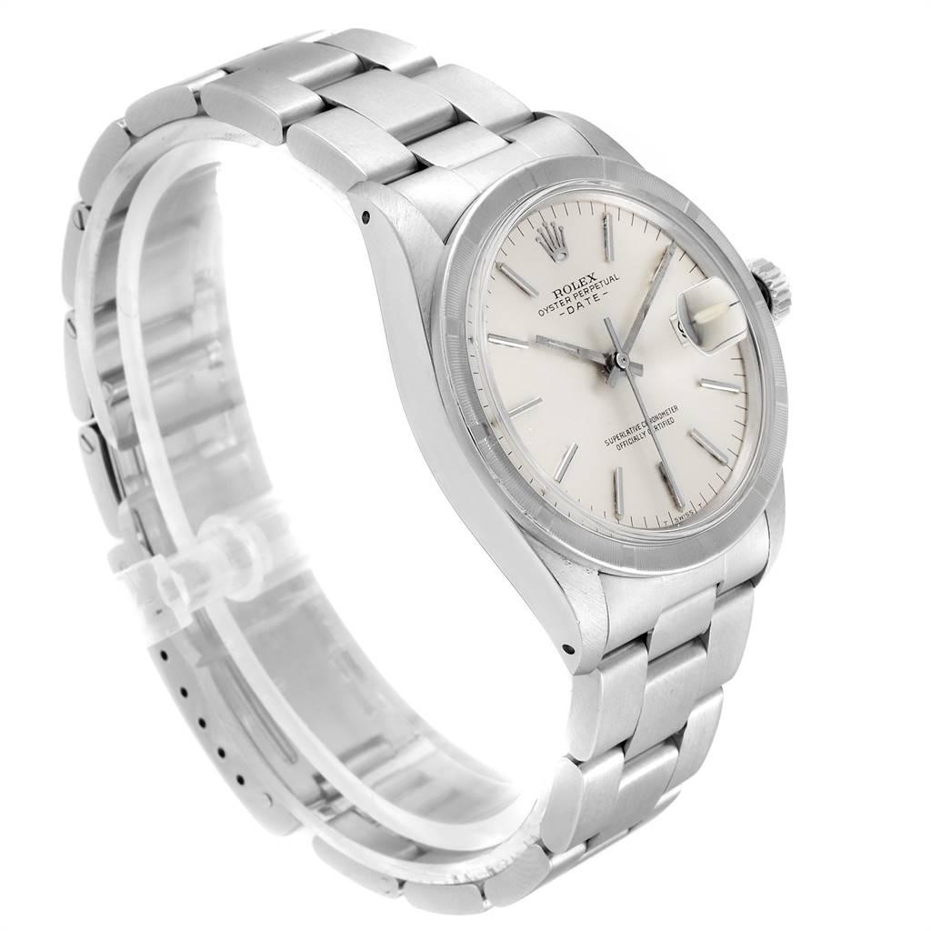 This image shows a side and front angle of a Rolex Vintage Collection 1501 Men's Stainless Steel Silver Dial 1501 Men's Stainless Steel Silver Dial watch, displaying the dial, bezel, and bracelet.