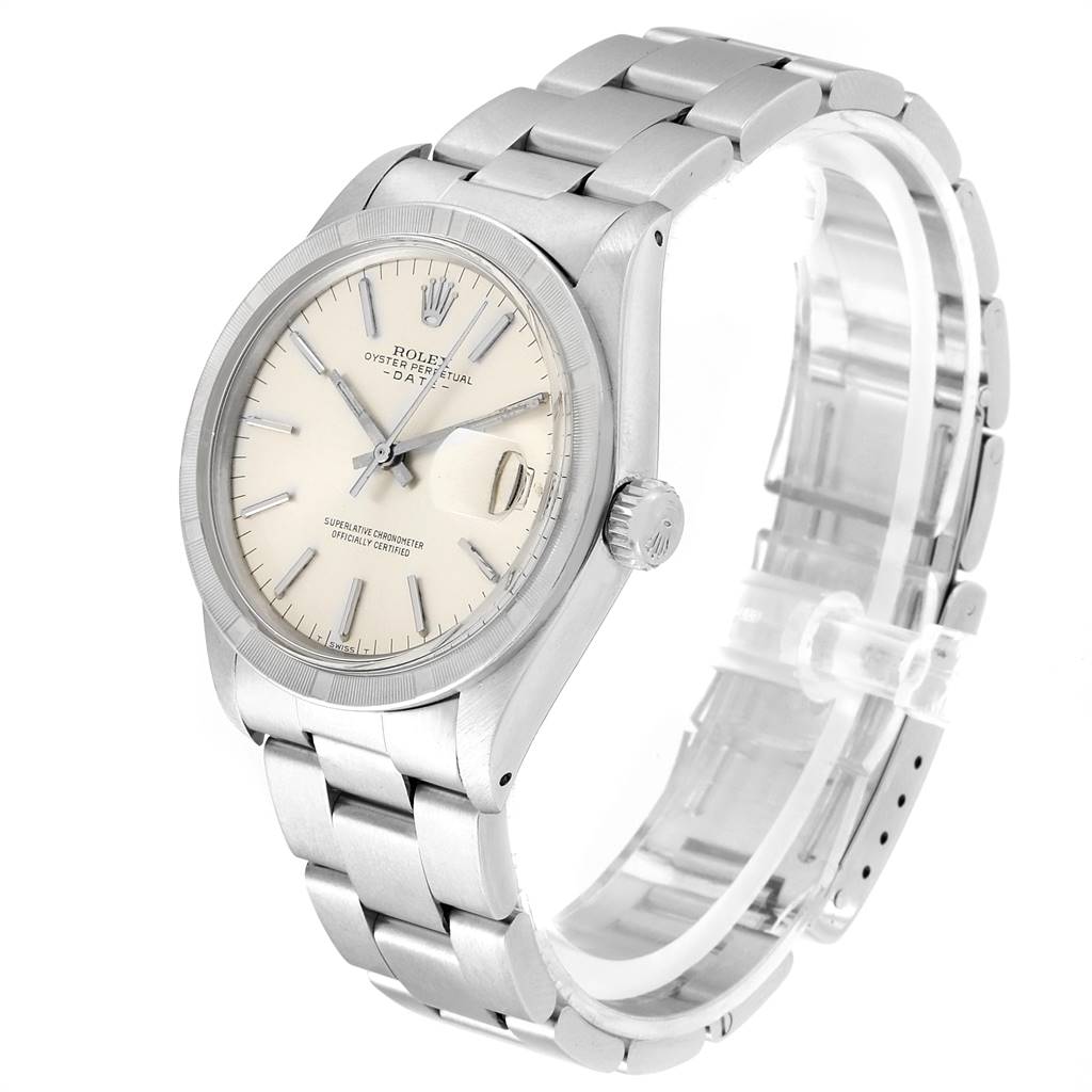 The image shows a side angling of the Rolex Vintage Collection 1501 Men's Stainless Steel Silver Dial 1501 Men's Stainless Steel Silver Dial watch, displaying its face, crown, and bracelet.