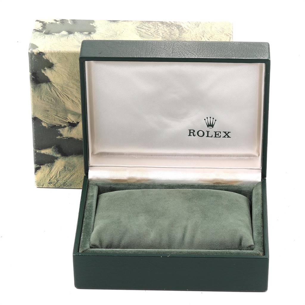 This image shows the open box of a Rolex Vintage Collection 1501 Men's Stainless Steel Silver Dial 1501 Men's Stainless Steel Silver Dial watch with the brand name visible inside the lid.