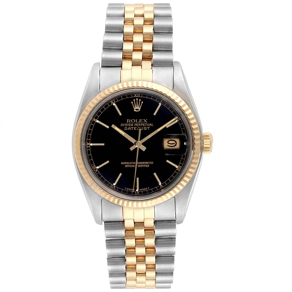 The Rolex Vintage Collection 16013 Men's Stainless Steel Black Dial 16013 Men's Stainless Steel Black Dial watch is shown from a top-down angle, displaying the face, bezel, and two-tone bracelet.