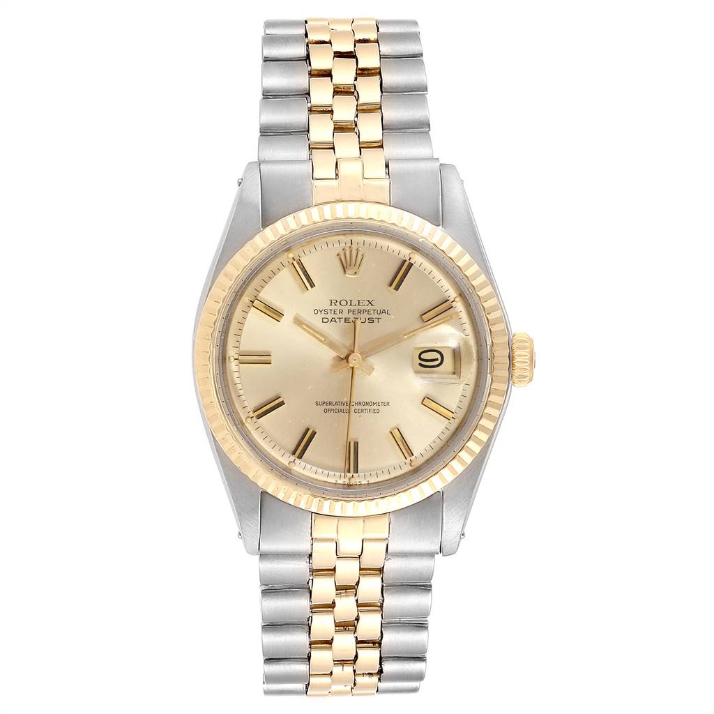 The image shows a front view of the Rolex Vintage Collection 1601 Men
s Steel and Gold (two tone) Champagne Dial 1601 Men
s Steel and Gold (two tone) Champagne Dial model, displaying the face, bezel, and two-tone bracelet.