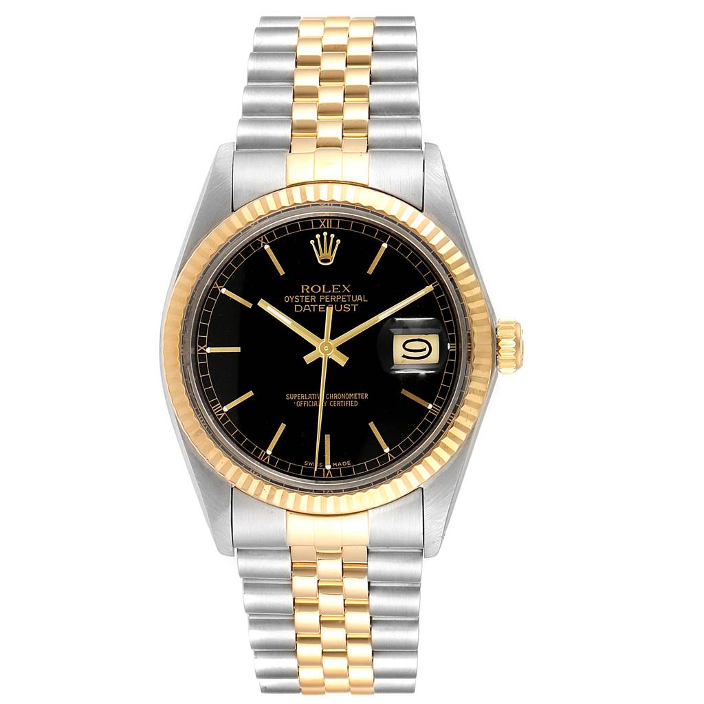 This image shows a frontal view of the Rolex Vintage Collection 16013 Men's Stainless Steel Black Dial 16013 Men's Stainless Steel Black Dial Datejust, highlighting its black dial, gold bezel, and two-tone bracelet.