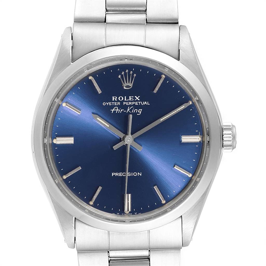 This is a close-up, front-facing angle of the Rolex Oyster Perpetual Air-King model from the Vintage Collection, showing the dial, hands, and bracelet.