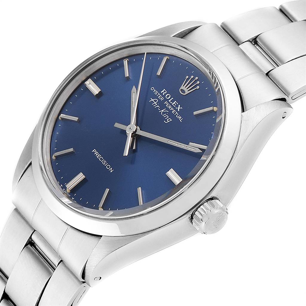 The image shows a side angle view of the Rolex Vintage Collection 5500 Men's Stainless Steel Blue Dial 5500 Men's Stainless Steel Blue Dial Air-King watch, highlighting the blue dial and stainless steel bracelet.