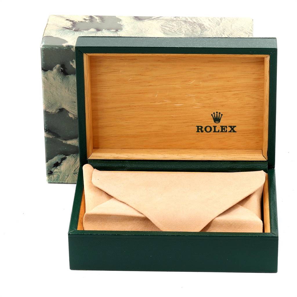 The image shows the open box of a Rolex Vintage Collection 1500 Men's Stainless Steel Silver Dial 1500 Men's Stainless Steel Silver Dial watch, revealing its packaging without the watch.