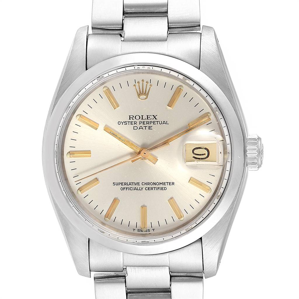 The image shows a front view of a Rolex Vintage Collection 1500 Men's Stainless Steel Silver Dial 1500 Men's Stainless Steel Silver Dial Oyster Perpetual Date watch, highlighting its dial, hands, and bracelet.