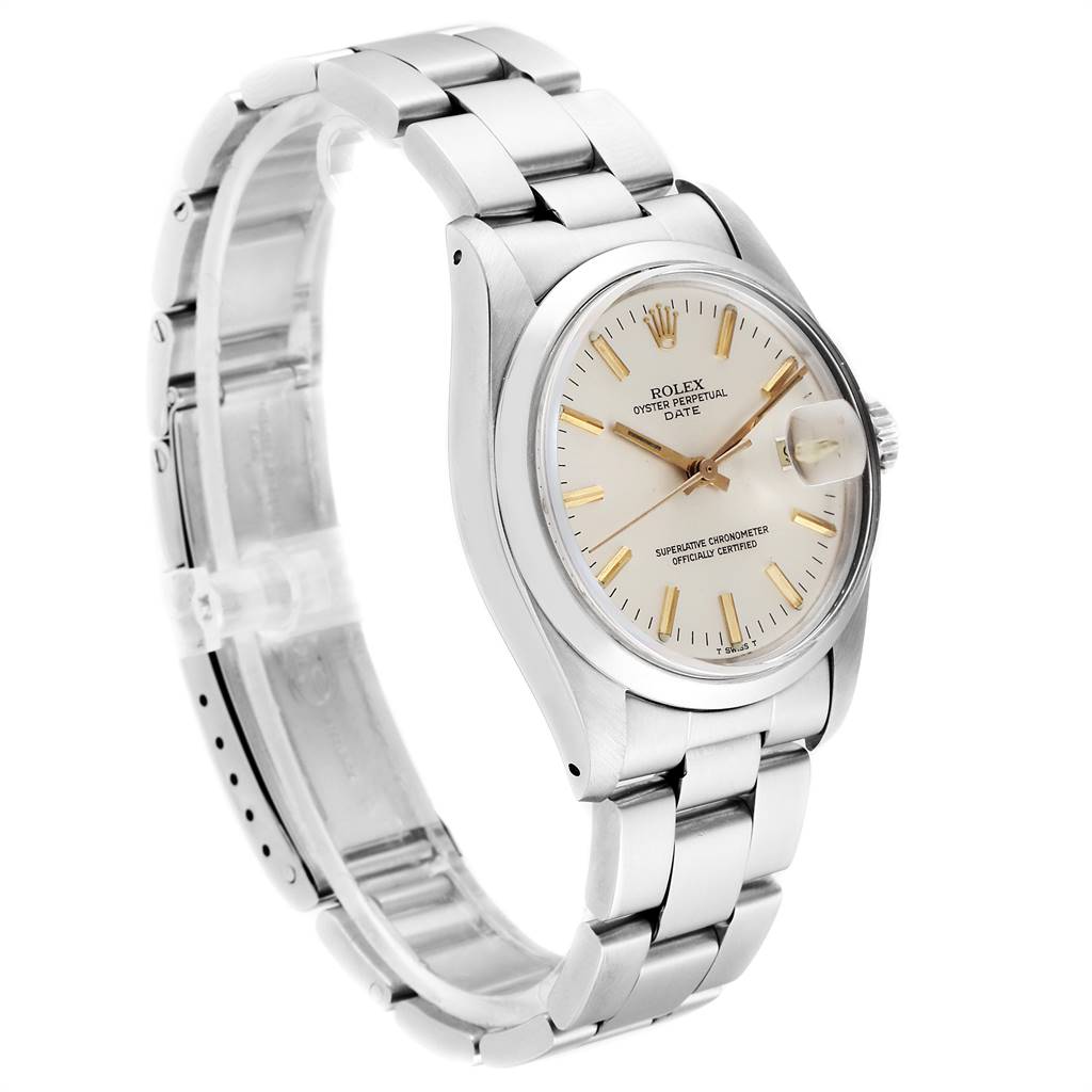 This image shows a Rolex Vintage Collection 1500 Men's Stainless Steel Silver Dial 1500 Men's Stainless Steel Silver Dial model watch, angled to highlight the face, bracelet, and clasp.