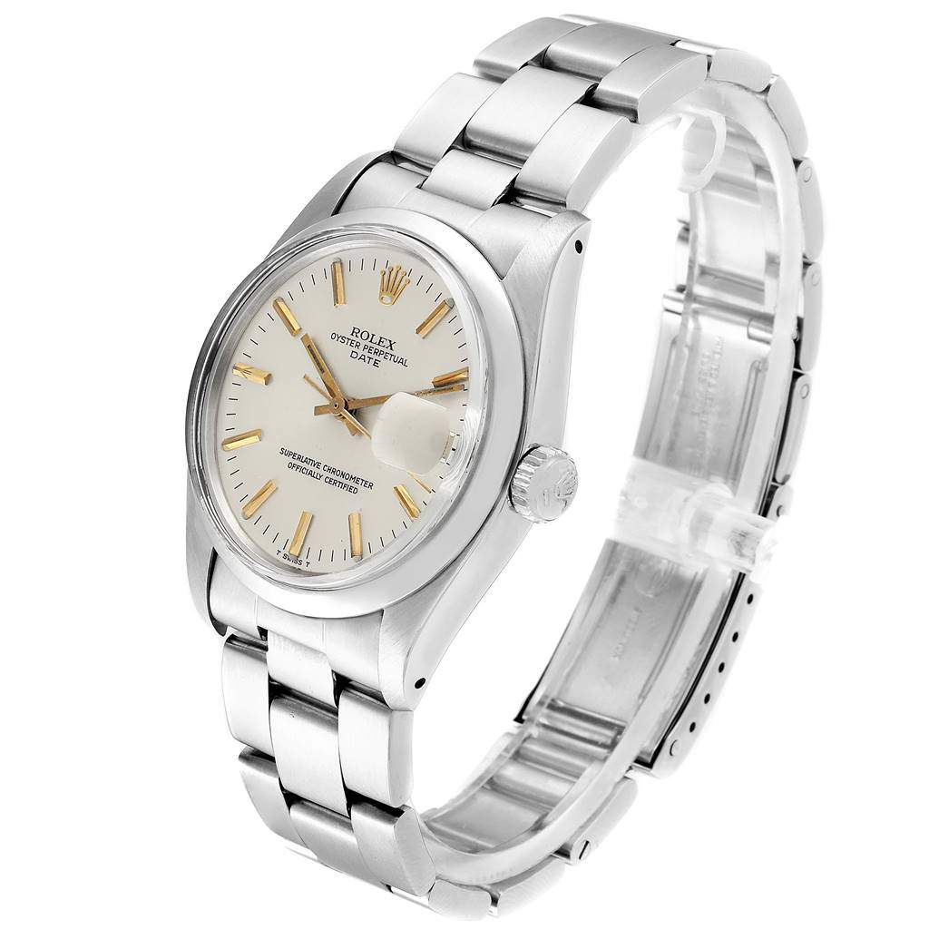 This image shows a side view of the Rolex Vintage Collection 1500 Men's Stainless Steel Silver Dial 1500 Men's Stainless Steel Silver Dial model, including the watch face, bezel, crown, and bracelet.