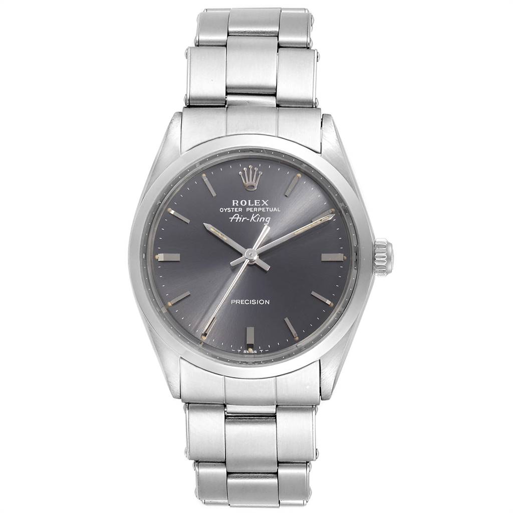 The Rolex Vintage Collection 5500 Men's Stainless Steel Grey Dial 5500 Men's Stainless Steel Grey Dial Air-King watch is shown from a front angle, displaying its face, bezel, crown, and bracelet.